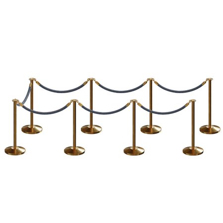 MONTOUR LINE Stanchion Post and Rope Kit Sat.Brass, 8 Flat Top 7 Gray Rope C-Kit-8-SB-FL-7-PVR-GY-PB